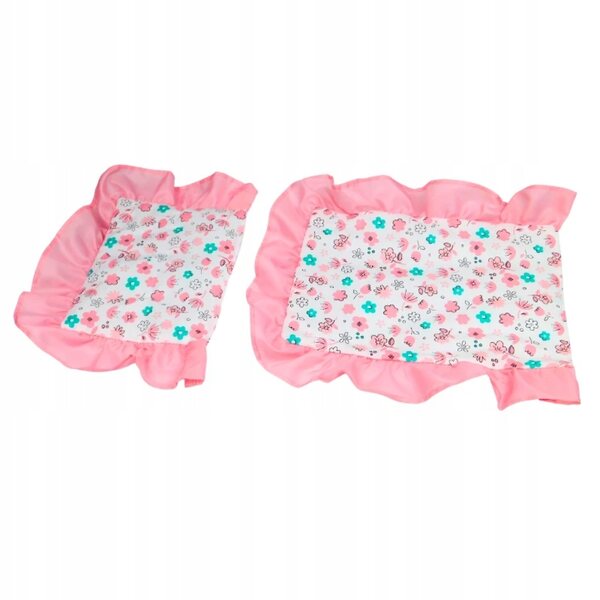 Culla per bambole con biancheria rosa e vassoio per la pappa Motylek 37 cm