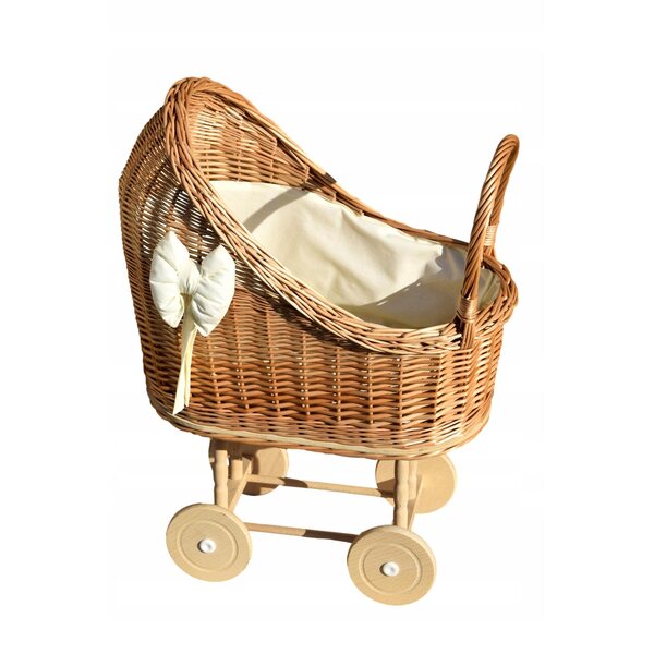 Puppenwagen aus Korbgeflecht mit ecrufarbener Bettwäsche, handgefertigt, sicher für Kinder