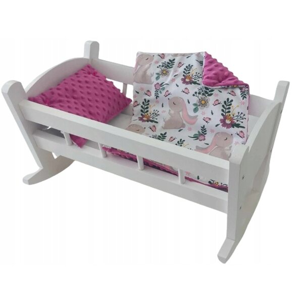 Weiße Puppenwiege aus Holz mit Bettwäsche - Kinderset 54x35x34 cm