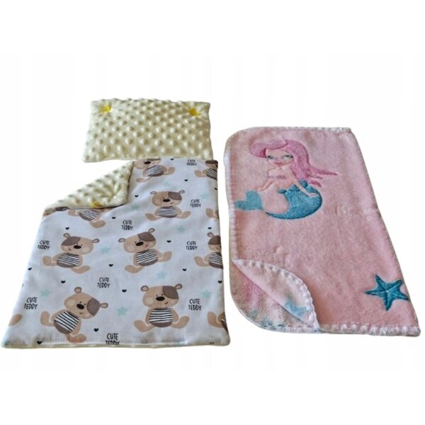 Komplettes Bettwäscheset für Puppen mit rosa Meerjungfrau-Decke, Kissen und Bettdecke