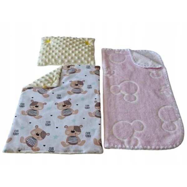Komplettes rosa Puppenbettwäscheset mit Bezug, Kissen und Bettdecke