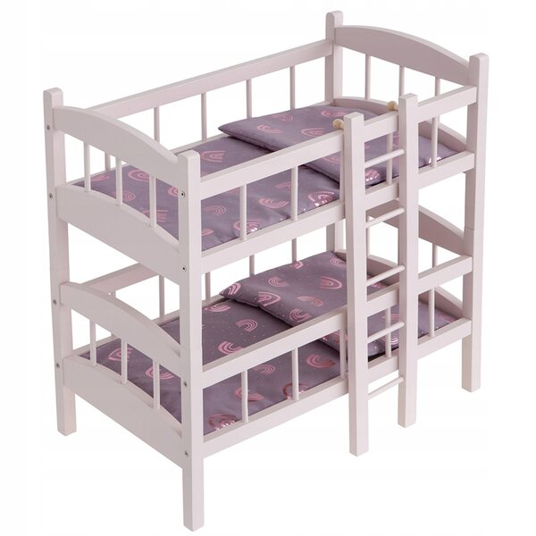 Regenbogen-Puppenetagenbett aus Holz mit Leiter und rosa Leinen