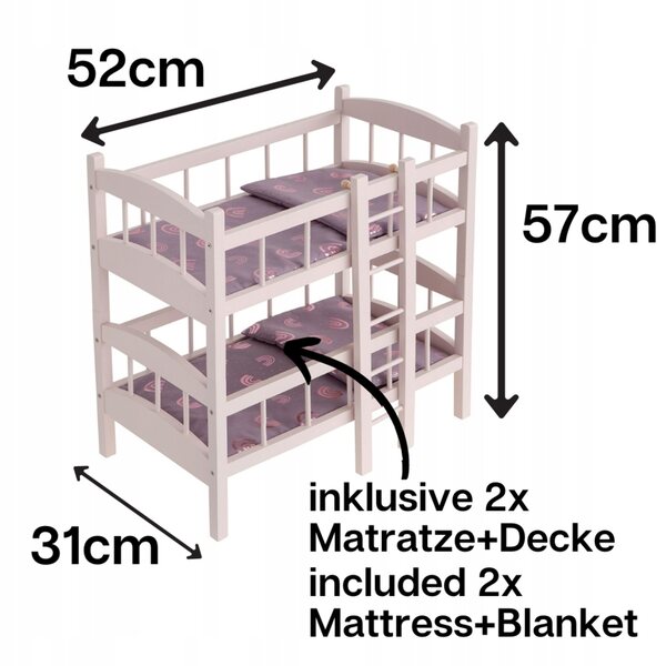 Regenbogen-Puppenetagenbett aus Holz mit Leiter und rosa Leinen