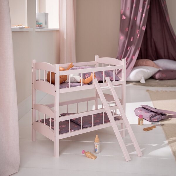 Regenbogen-Puppenetagenbett aus Holz mit Leiter und rosa Leinen
