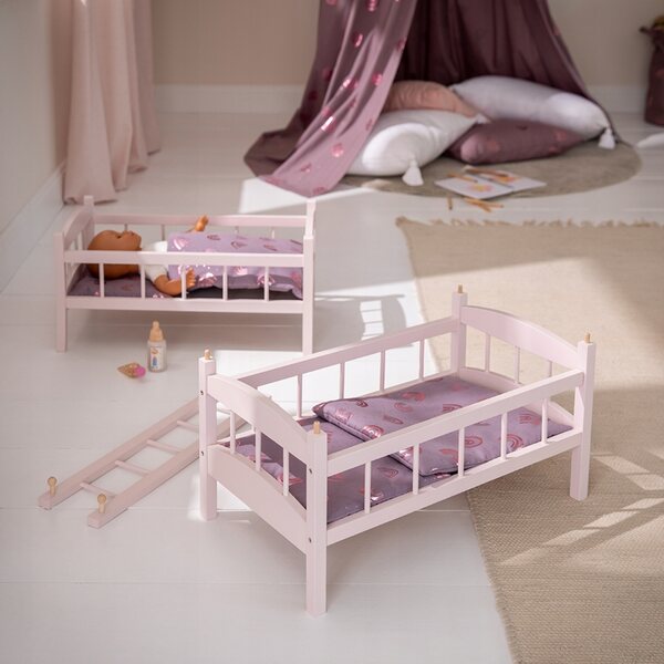 Regenbogen-Puppenetagenbett aus Holz mit Leiter und rosa Leinen