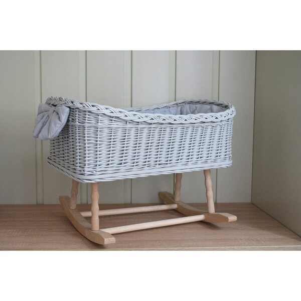 Graue Korbwiege für Puppen mit Bettzeug und Matratze, bis 55 cm