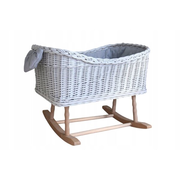 Weiße Weidenwiege für Puppen mit Bettzeug und Matratze, bis 55 cm