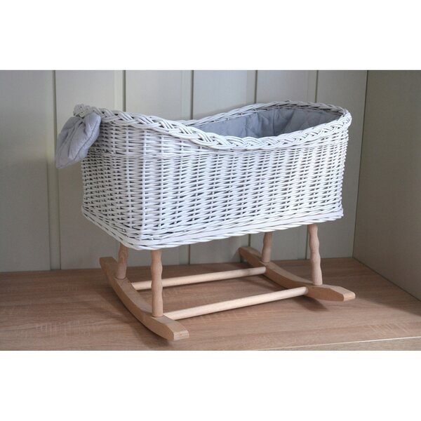 Culla in vimini bianca per bambole con biancheria e materassino, fino a 55 cm