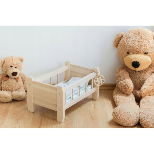 Letto in legno massello per bambole con biancheria personalizzata, naturale e resistente