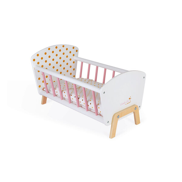Janod Candy Chic lettino in legno per bambole con cuscino e copertina