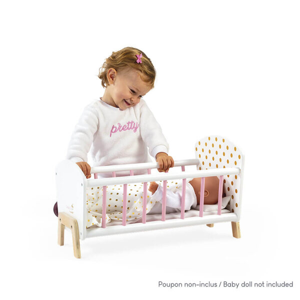 Janod Candy Chic lettino in legno per bambole con cuscino e copertina