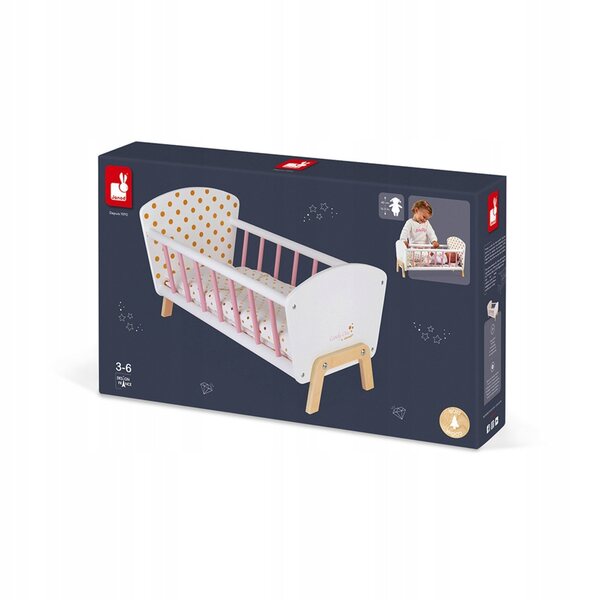 Janod Candy Chic lettino in legno per bambole con cuscino e copertina