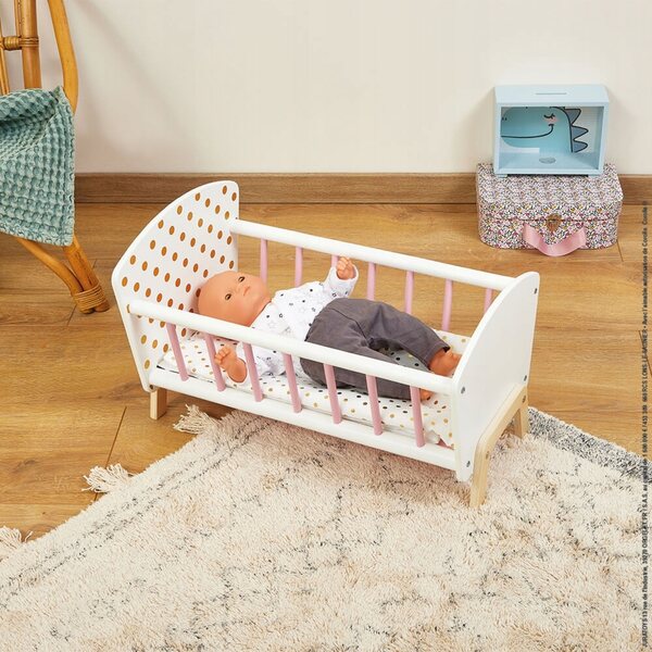 Janod Candy Chic lettino in legno per bambole con cuscino e copertina
