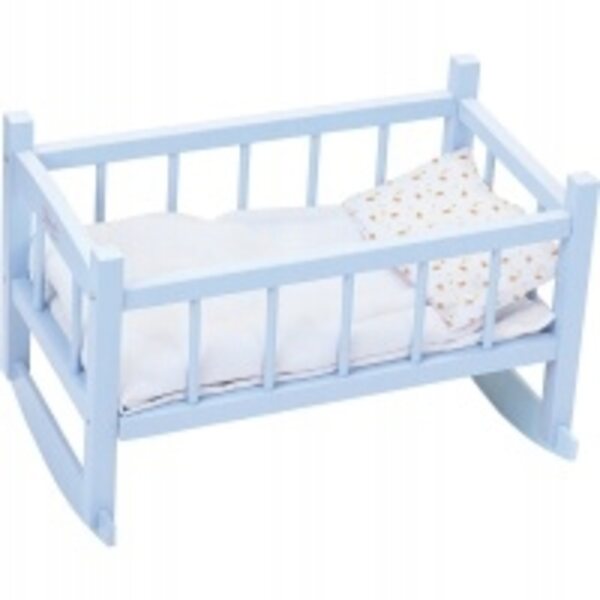 Petitcollin blaue Holzwiege für Puppen bis 40 cm mit geblümtem Leinen
