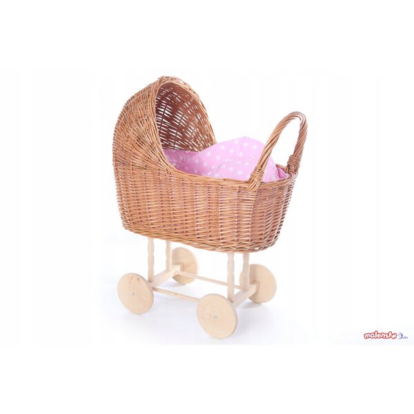 Passeggino per bambole in vimini con biancheria da letto - artigianato polacco, naturale e durevole