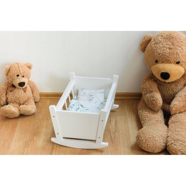 Culla per bambole in legno massello con biancheria da letto e personalizzazione, bianca
