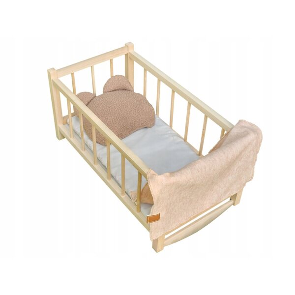 Dondolo in legno per bambole con set di biancheria da letto 3 pezzi orsetto e copertina