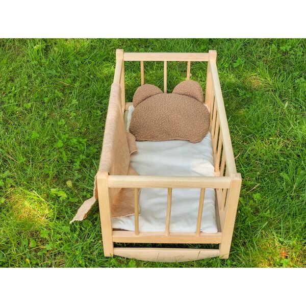 Dondolo in legno per bambole con set di biancheria da letto 3 pezzi orsetto e copertina