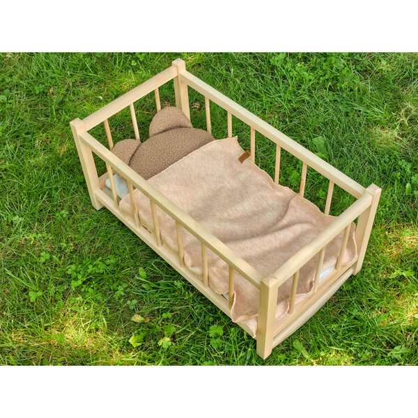 Dondolo in legno per bambole con set di biancheria da letto 3 pezzi orsetto e copertina