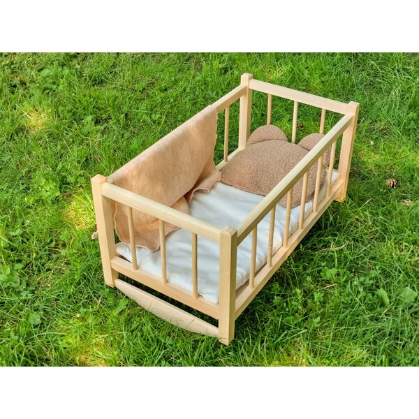 Dondolo in legno per bambole con set di biancheria da letto 3 pezzi orsetto e copertina