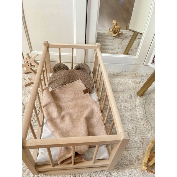 Dondolo in legno per bambole con set di biancheria da letto 3 pezzi orsetto e copertina