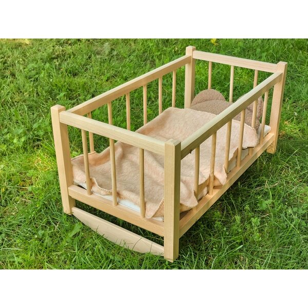 Dondolo in legno per bambole con set di biancheria da letto 3 pezzi orsetto e copertina
