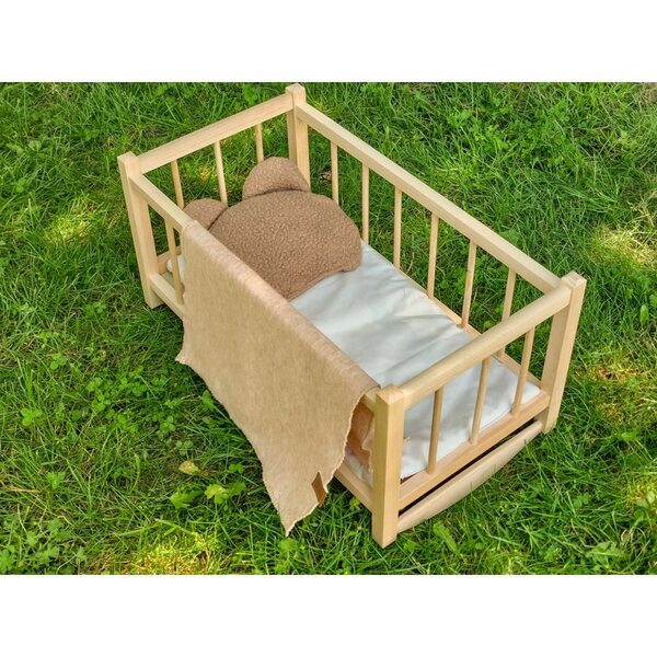 Dondolo in legno per bambole con set di biancheria da letto 3 pezzi orsetto e copertina
