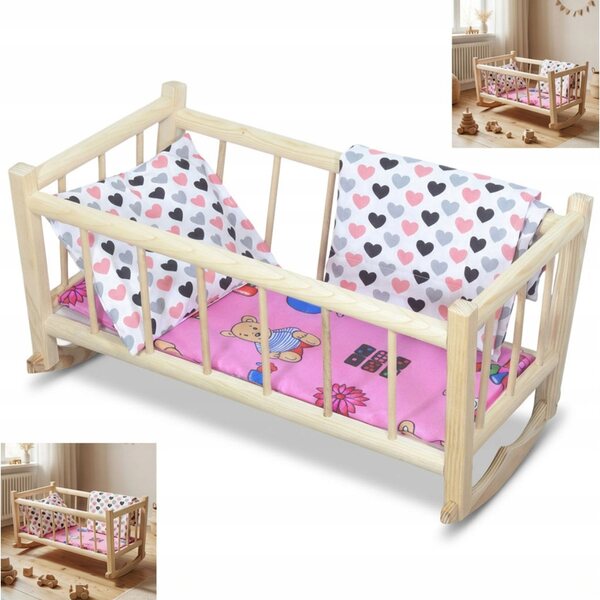 Holzbett für Peewit-Puppen im Retro-Stil mit Herzbettwäsche