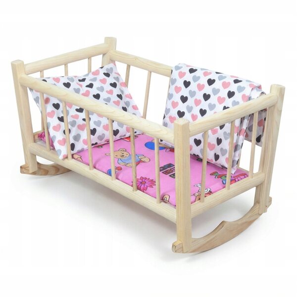 Holzbett für Peewit-Puppen im Retro-Stil mit Herzbettwäsche