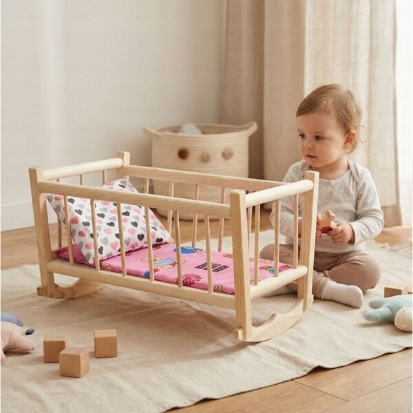 Holzbett für Peewit-Puppen im Retro-Stil mit Herzbettwäsche
