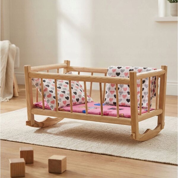 Holzbett für Peewit-Puppen im Retro-Stil mit Herzbettwäsche