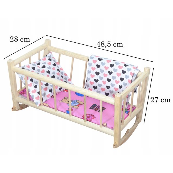 Holzbett für Peewit-Puppen im Retro-Stil mit Herzbettwäsche