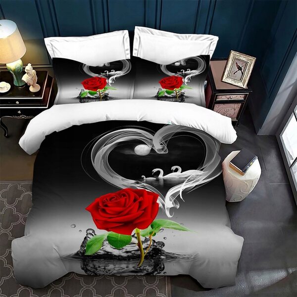 3D-Bettwäsche-Set mit roten Rosen, 135 x 200 cm, 3-teilig