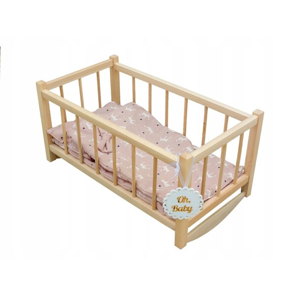 Dondolo in legno per bambole con set biancheria rosa in confezione elegante