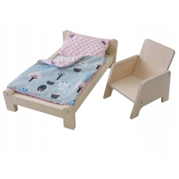Letto e poltrona per bambole in legno con biancheria doppia face rosa Minky