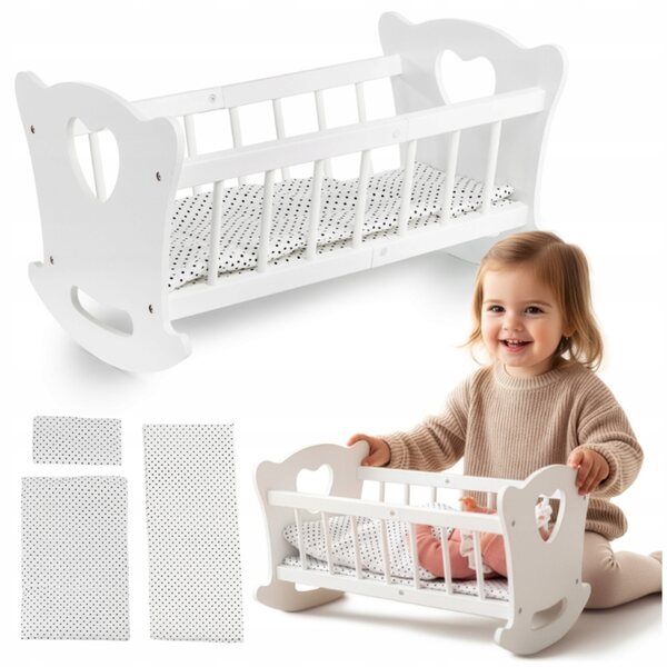Dondolo in legno per bambole con biancheria da letto completo per bambine