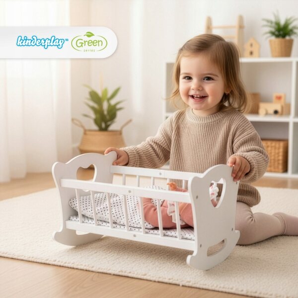 Dondolo in legno per bambole con biancheria da letto completo per bambine