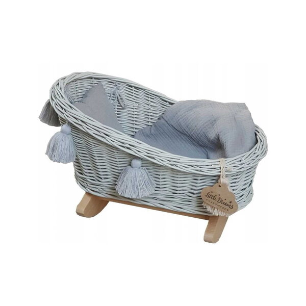 Culla in vimini per bambole con biancheria da letto grigio chiaro - realizzata a mano, giocattolo ecologico