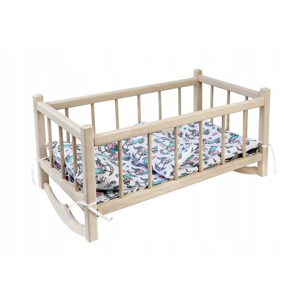 Holzbett für Puppen mit 3-teiligem umweltfreundlichem Pony-Motiv-Bettwäscheset