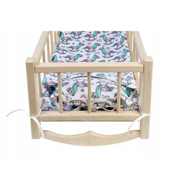 Holzbett für Puppen mit 3-teiligem umweltfreundlichem Pony-Motiv-Bettwäscheset