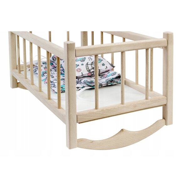 Holzbett für Puppen mit 3-teiligem umweltfreundlichem Pony-Motiv-Bettwäscheset