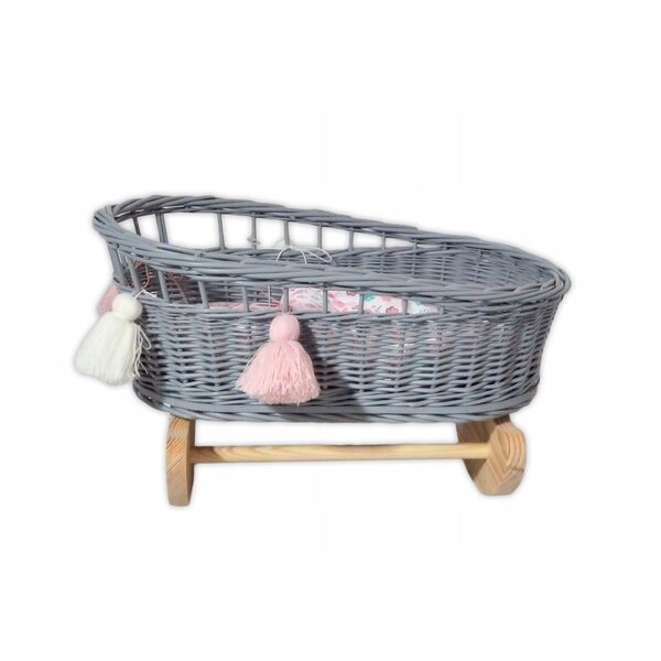 Graue Puppenwiege aus Korbgeflecht mit Laken und Holzkufen, 45 cm