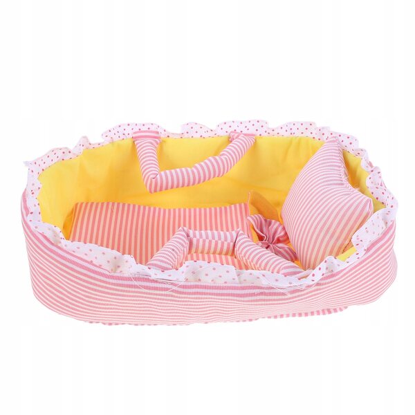 Delicata culla rosa in tessuto per bambole, ideale per giochi creativi e trasporto