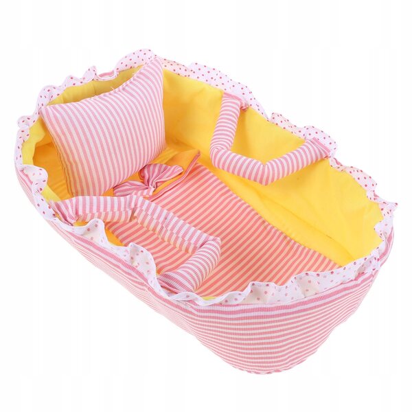 Delicata culla rosa in tessuto per bambole, ideale per giochi creativi e trasporto