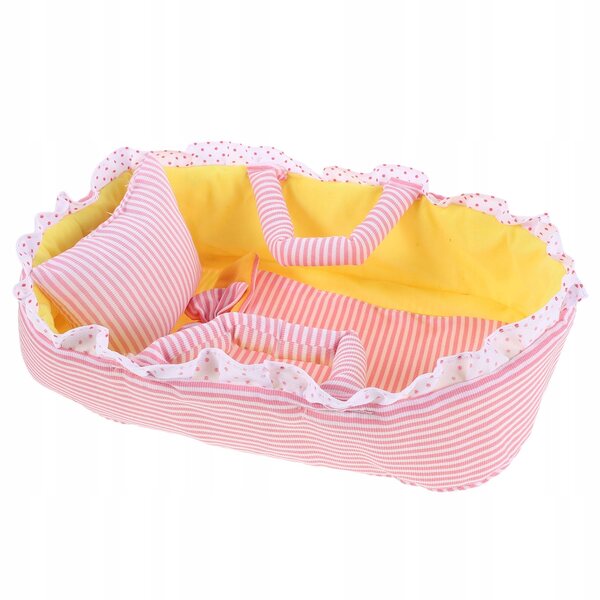 Delicata culla rosa in tessuto per bambole, ideale per giochi creativi e trasporto