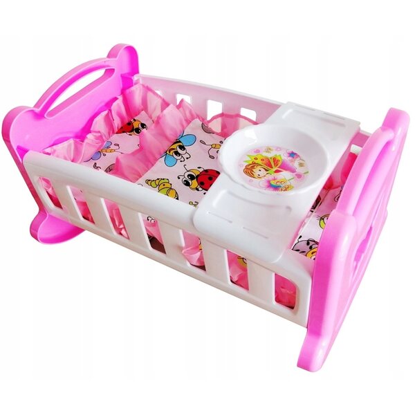 Culla per bambole bianco-rosa BOLO con tessuto, gioco sicuro per bambini 2+ anni