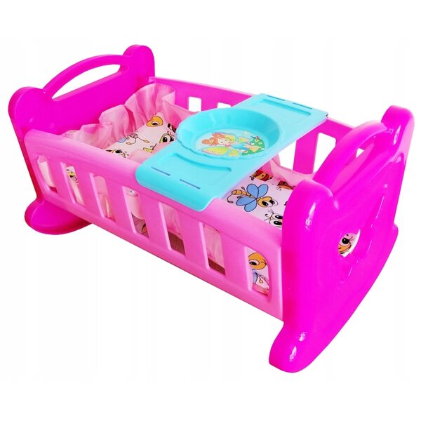 Culla per bambole bianco-rosa BOLO con tessuto, gioco sicuro per bambini 2+ anni