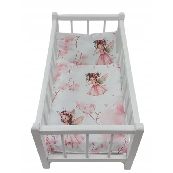 Letto in legno bianco per bambole con set completo di biancheria in cotone 3 pezzi