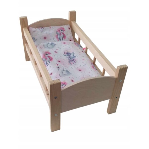 Lettino in legno naturale per bambole con set completo di biancheria personalizzabile