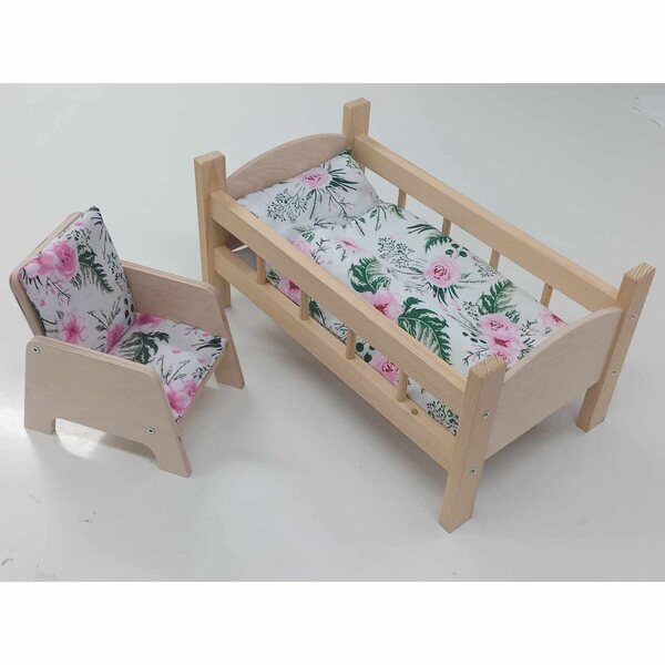 Bett und Sitz mit Bettdecke für Puppen und Stofftiere, buntes Holzset